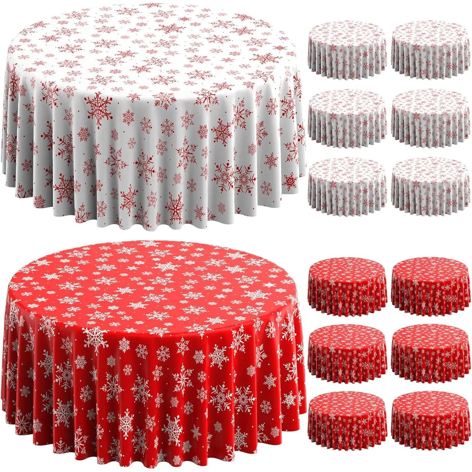 12-Piece Smooth Christmas Snowflake Plastic Party Tablecloths, 84in Disposable White-Red Round Table Covers & Banners, Winter Holiday New Year Home Festive Decor Supplies