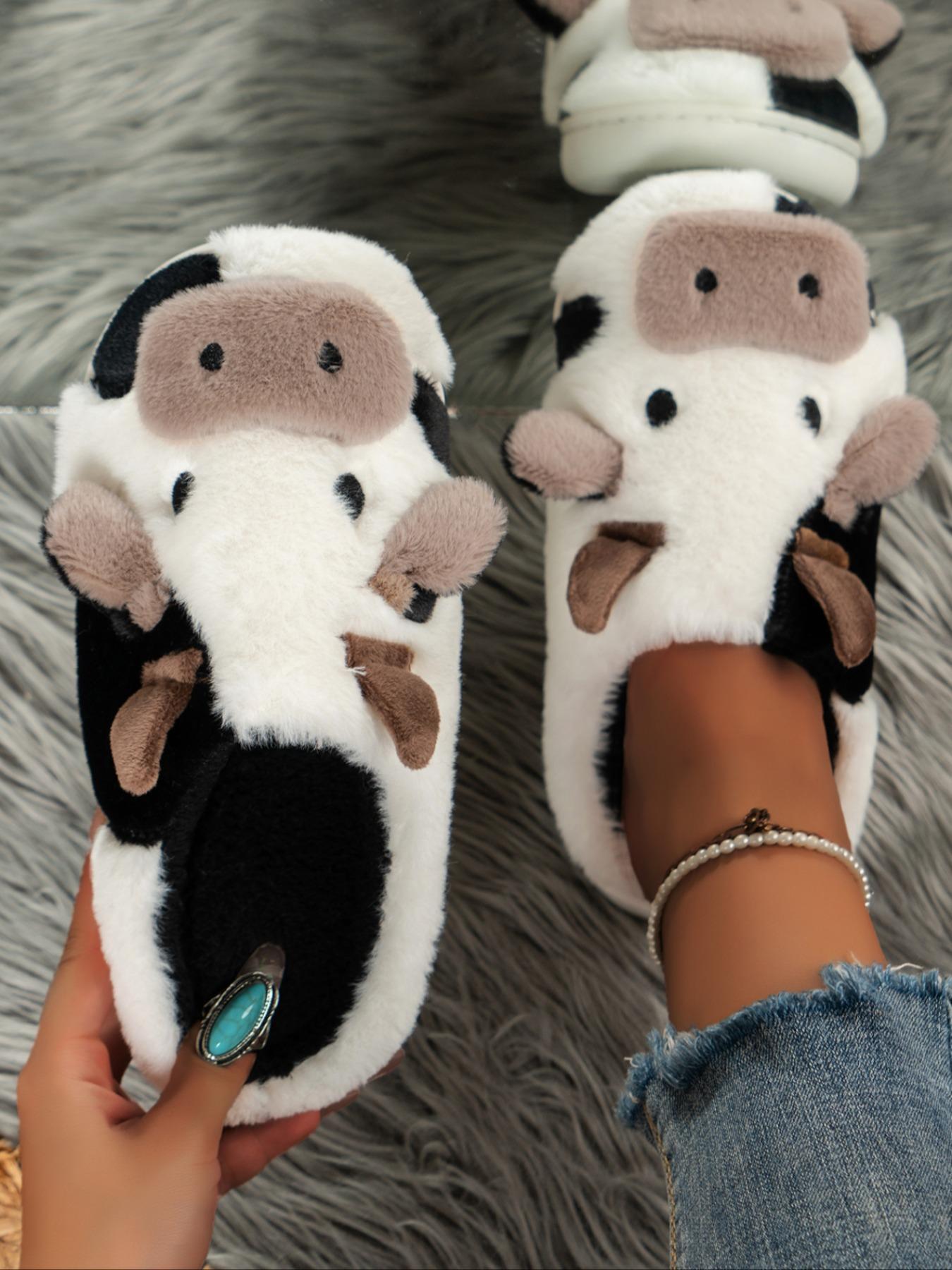 Women's New Fashion Trendy Cartoon Cow Head Indoor Outdoor Cotton Slippers, Fluffy Home Slippers, Winter Casual Warm Home Shoes, Anti-Slip Lightweight Unisex