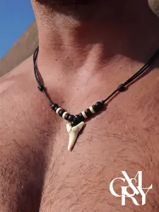 CYL&RY Gothic Raw Style Shark Tooth Wooden Bead Cord Necklace for Men & Women, Earth Tone Two-Color Bead Adjustable Choker, Alt Punk Accessory for Rock Concerts, Dark Goth Parties & Indie Streetwear