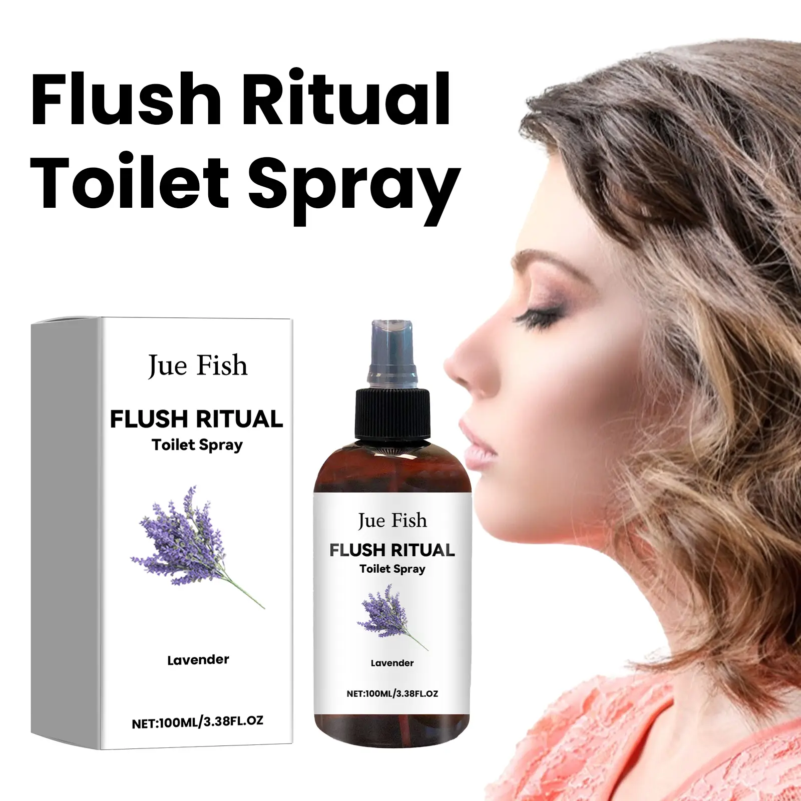 Jue Fish 100ml Flush Ritual Toilet Spray 3.38 fl oz Single Unit, Lavender Pre-Poop Toilet Odor Eliminator, Natural Essential Oil Bathroom Deodorizer Mist with Neroli and Peppermint