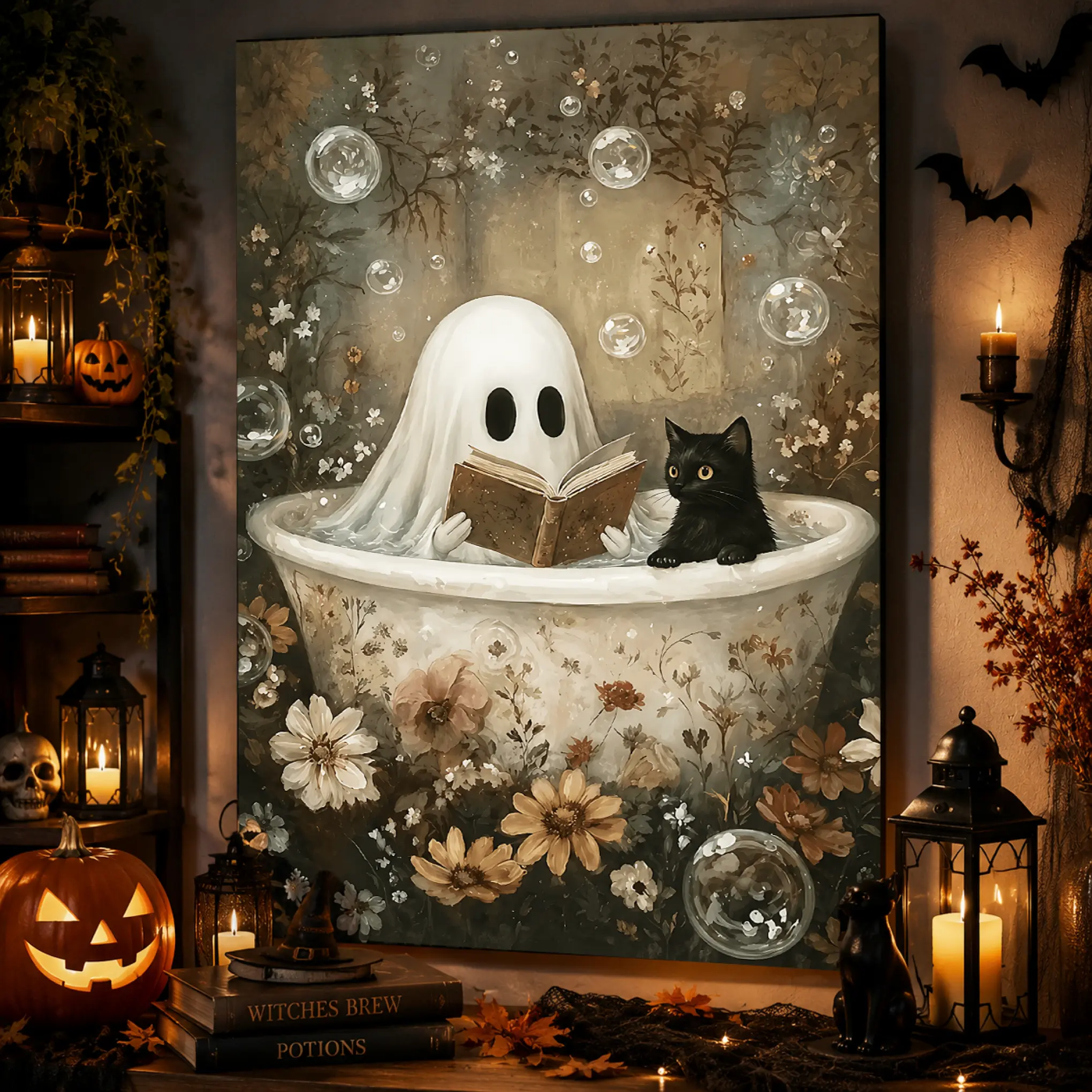 Artistic Cute Ghost Cat Canvas Wall Art Photo, Cozy Halloween Plain Decoration Print, Whimsical Anime-Style Gift for Cat Lovers, Room Inspo for Bedroom Bathroom, Hd Print
