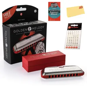 Golden Melody Harmonica - Key of C Bundle with Key Stickers, Plastic Case, Instructional Manual, and  Bazaar Polishing Cloth
