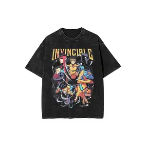 Vintage Washed Crew Neck Short Sleeve Tee, Invincible Mark Grayson Multi Hero Collage Yellow Blood Splash Title Retro Superhero Cartoon Comic Graphic Slight Stretch Oversized Casual Streetwear Unisex Fan Daily Tops