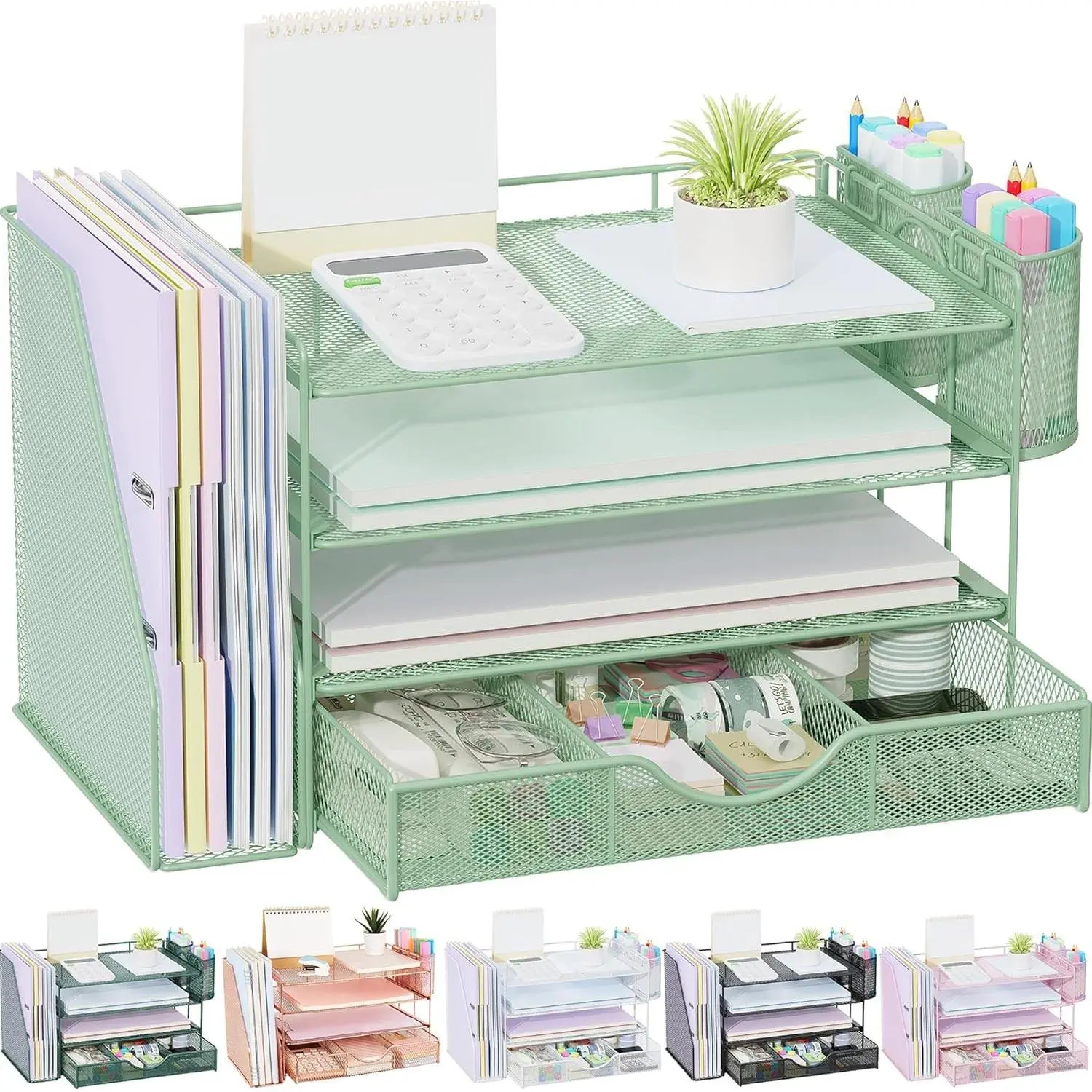 4-Tier Desk Organizer with Drawers, File Holders, Letter Trays and Pen Holders - Workspace Accessories for Office Supplies (Sage Green)