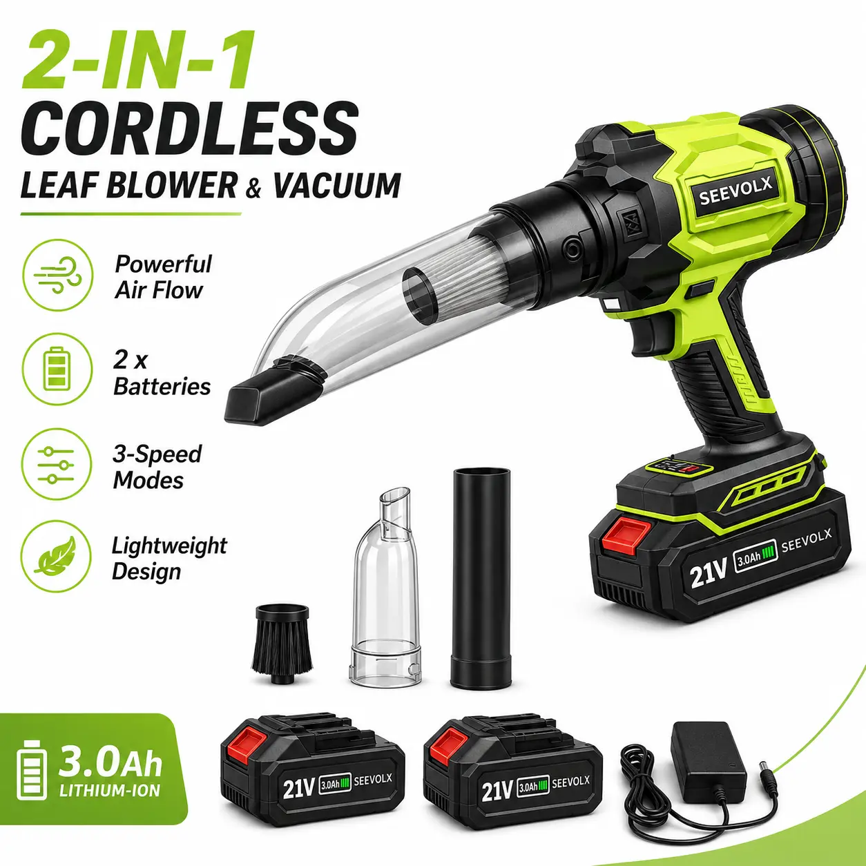2-in-1 Cordless Leaf Blower & Vacuum, 21V Powerful Electric Garden Tool with 3-Speed Control, 2x 3.0Ah Batteries & Charger, Lightweight Handheld for Yard Lawn, Home, Car Cleaning