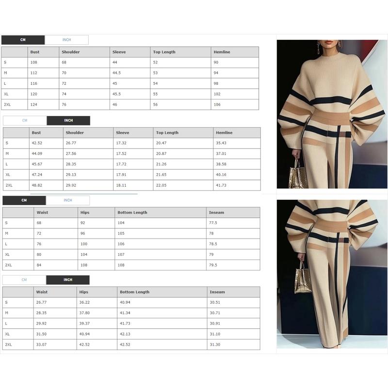 UOOZEE Loose Striped Round-Neck Pullovers Sweater Tops & Loose Wide Leg Striped Casual Pants Set Viscose Nylon Knitting Women's Clothing Suits Long Sleeve(The bottom is a bit small. It is recommended to choose one size larger)