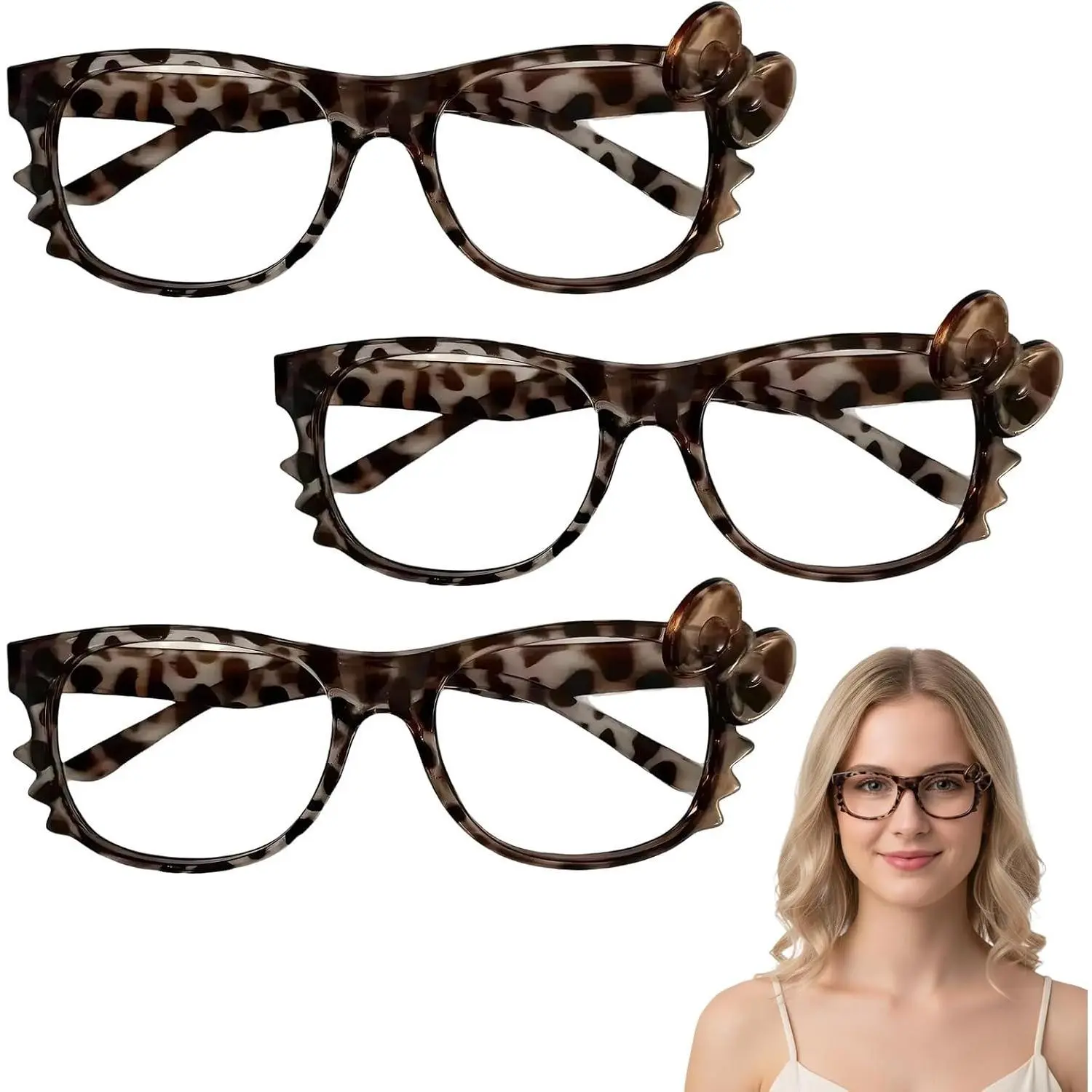 Cheetah Print Glasses, Cheetah Print Bow Glasses for Y2K Fashion Women Accessories, Square Frame Bow Glass for Daily Wear, Three Pairs Set with Supplier Size Chart