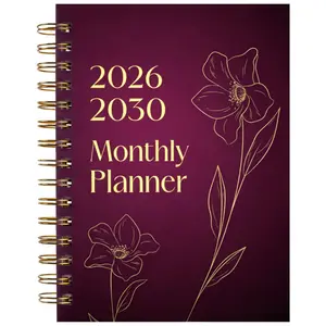 2026-2030 Monthly Calendar - From January 2026 to December 2030, a 5-year monthly calendar with a Burgundy red floral-themed cover design, yearly calendar planning, month labels, 60 months of calendar, 13.97 cm x 21.08 cm