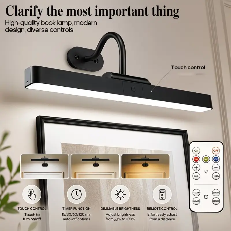 Dimmable 3-Color RGB LED Picture Light with Remote Control & Touch Sensor, Rechargeable Battery- Wall Sconce, LED Wall Sconces Suitable for Gallery Artwork, Paintings, Portraits, Modern -and-Play for, Office, Bedroom