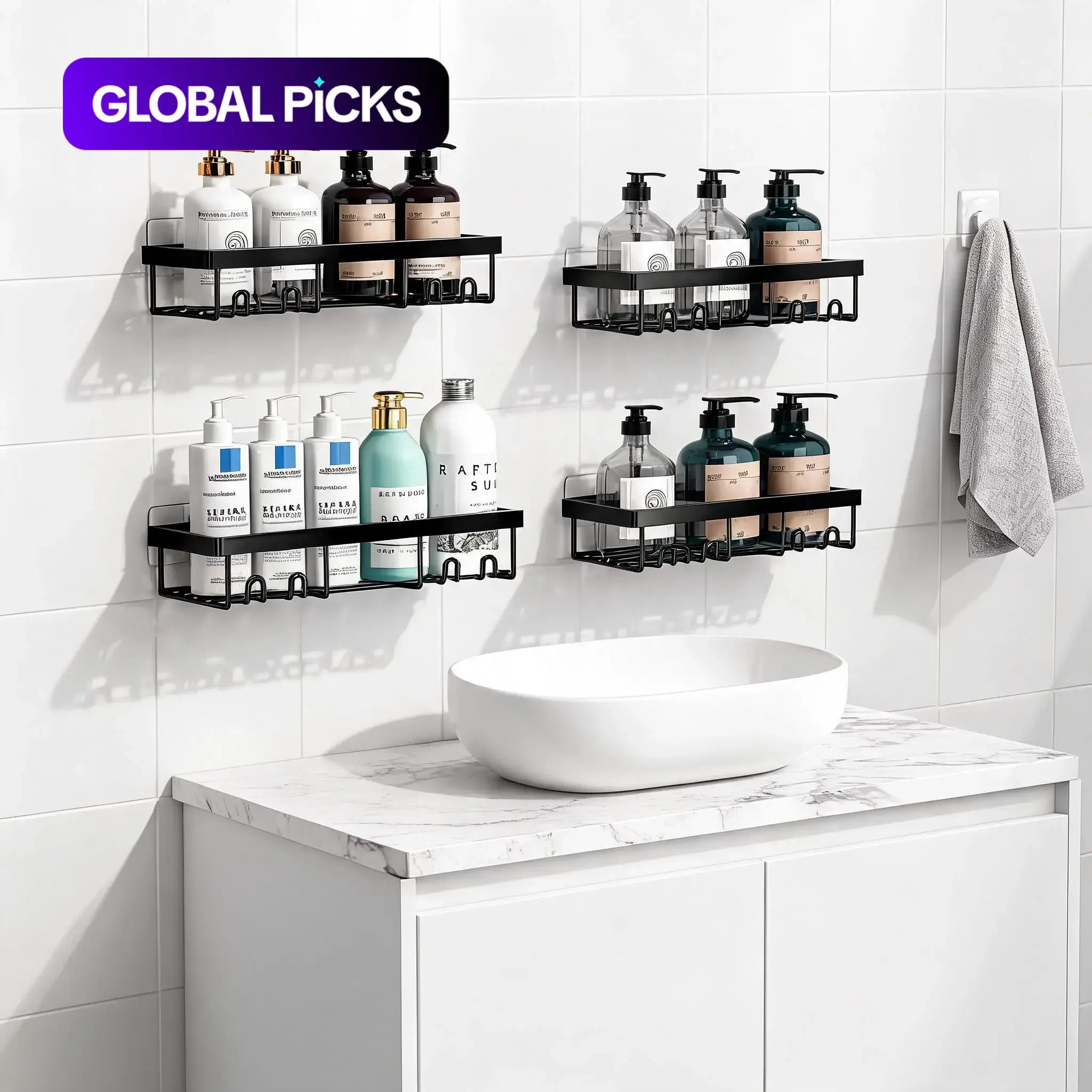 Bathroom Storage Rack, 4 Counts/set Adhesive Shower Organizer Shelves, Waterproof Bathroom Supplies, Space-Saving Bathroom Essentials Accessories, Durable Shower Organizer #GLOBAL PICKS