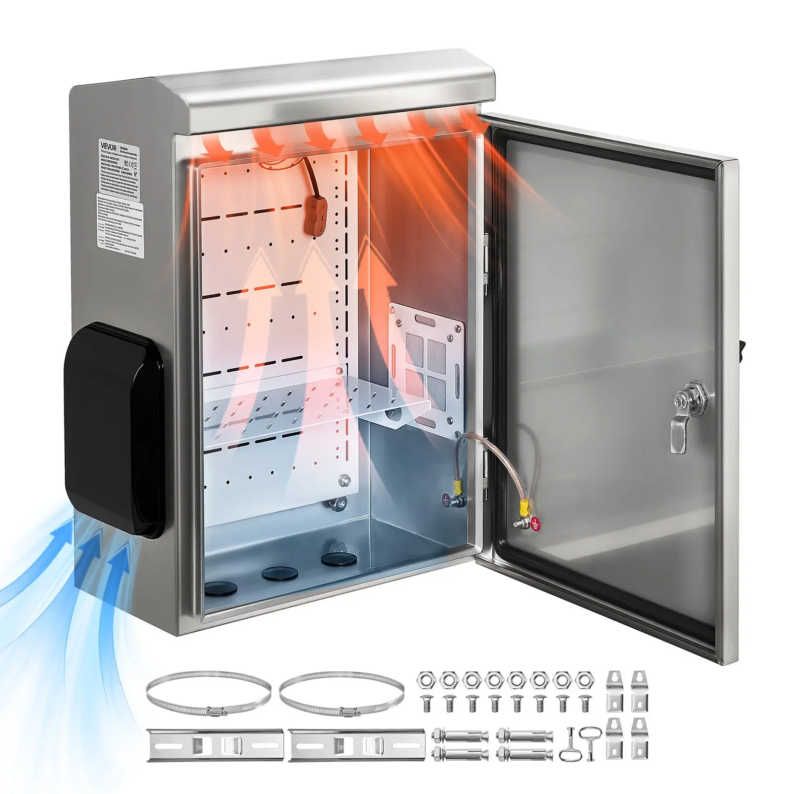 VEVOR Solid Metal Outdoor Box, 20x16x8 in Ventilated Electrical Enclosure with Thermostat, Fan, Rain Hood, Hinge Connection, Mount Brackets, IP65 Waterproof, Wall/Pole Mounted