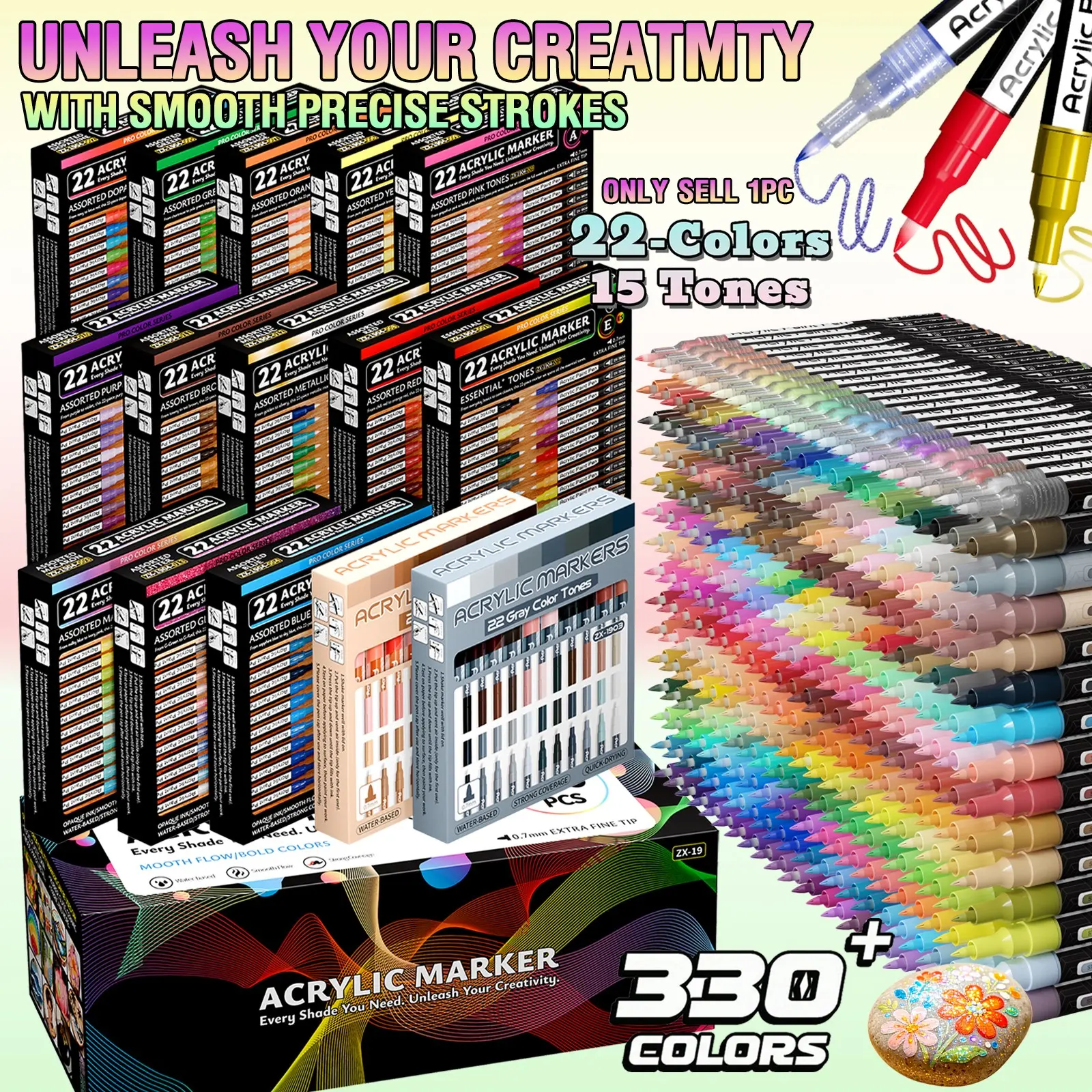 Flysea Acrylic Paint Marker Set, 330 Colors, 22 Fine Tips, 0.7mm Tip, Quick Dry, Suitable for Stone, Wood, Metal, Glass, Canvas, Art Painting Supplies