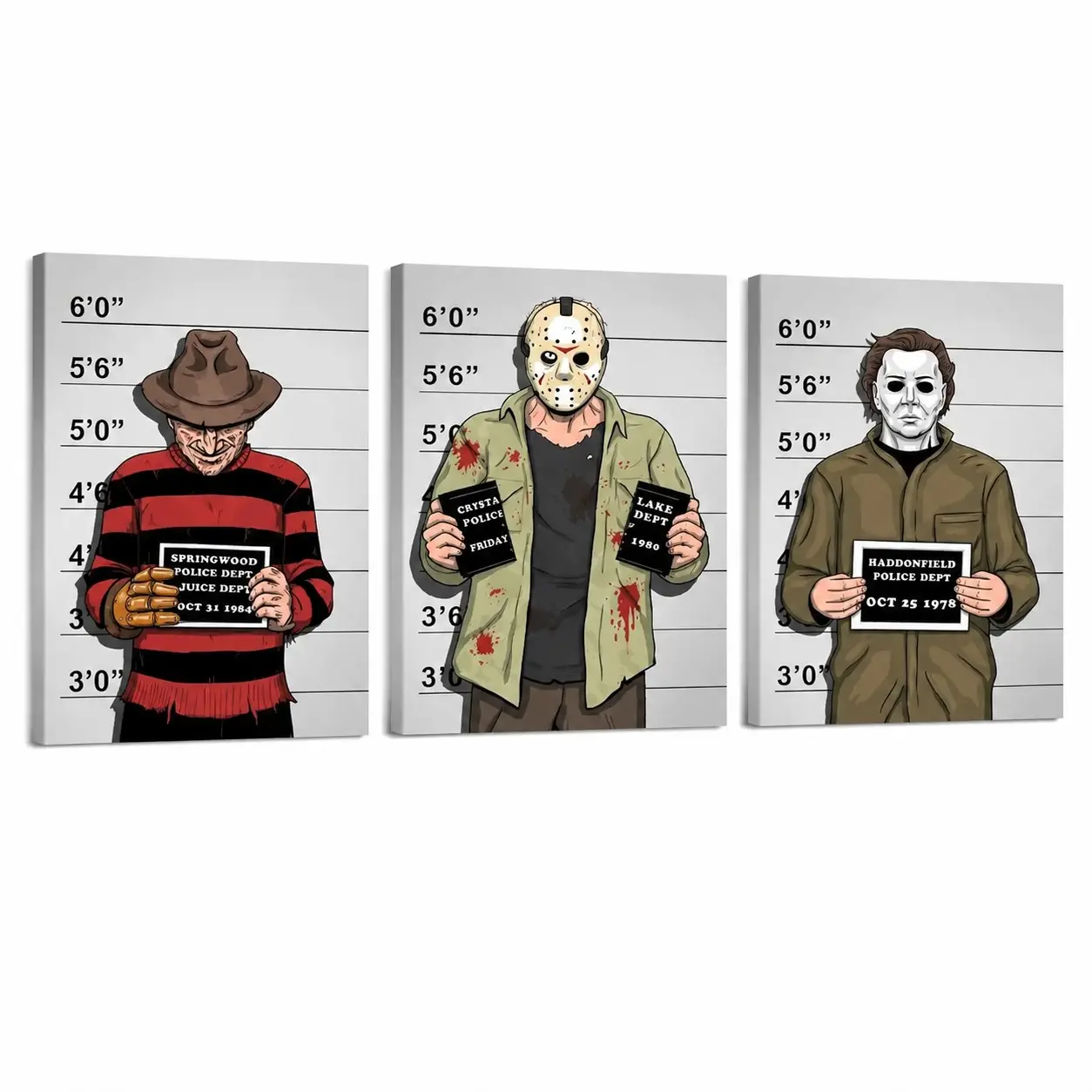 Unframed Canvas Art Set, Horror Movie 'serial Killer Trilogy,' Classic Villain Mugshots, Retro Dark Style, Cool Dorm/bars Decor