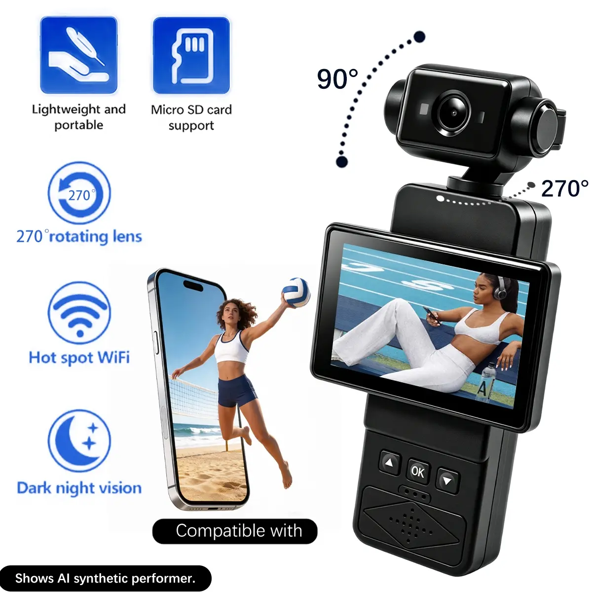 1080p HD video camera,camera vlogging,Debounce,compact,Supports Wi-Fi connection,One-click recording,Portable, perfect for travel and daily journaling.