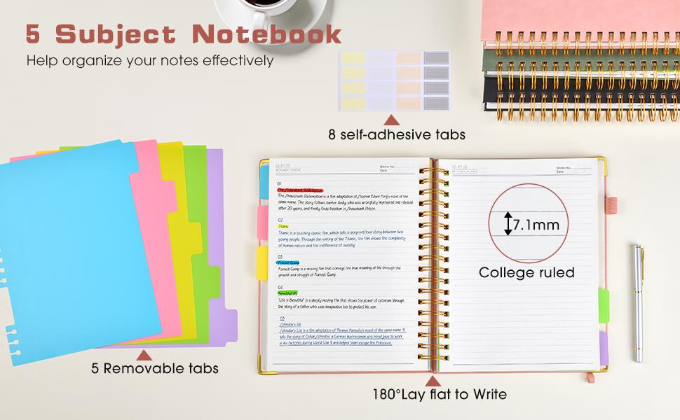 Hardcover Spiral Notebook Journal with Removable Dividers Tabs, 300 Pages Leather 5 Subject Notebook College Ruled, 8"x10" Large B5 Notebooks for Work School Note taking, Lined Journal for Women, Pink Hardcover Spiral Notebook Journal with Removable Dividers Tabs, 300 Pages Leather 5 Subject Notebook College Ruled, 8"x10" Large B5 Notebooks for Work School Note taking, Lined Journal for Women, Pink