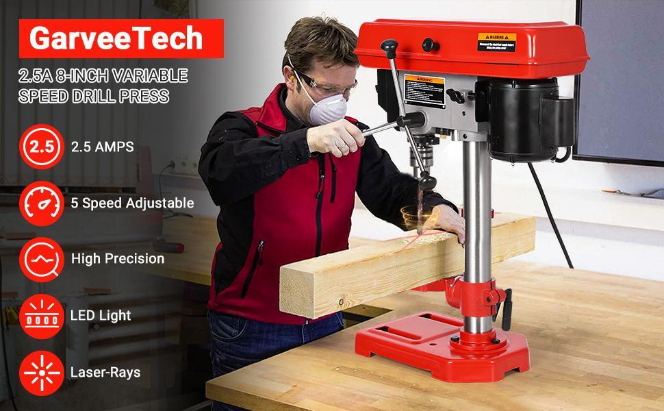 8" Benchtop Drill Press, Laser Ray (Class II Max. 1mW), Tabletop Drilling Machine with 5 Adjustable Speeds (620 to 3100 RPM), 0-45°Tilting Worktable with LED Light (1W), for Wood or Metal