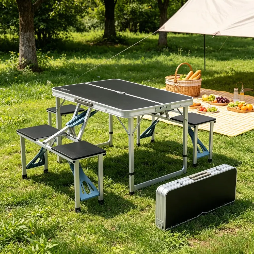 4FT Folding Picnic Table Set with 4 Seats, Aluminum Frame Portable Suitcase Camping Table with Umbrella Hole, 220 Lbs Capacity for Outdoor Travel BBQ RV Travel Patio Balcony Garden Porch Yard Table And Chairs Set
