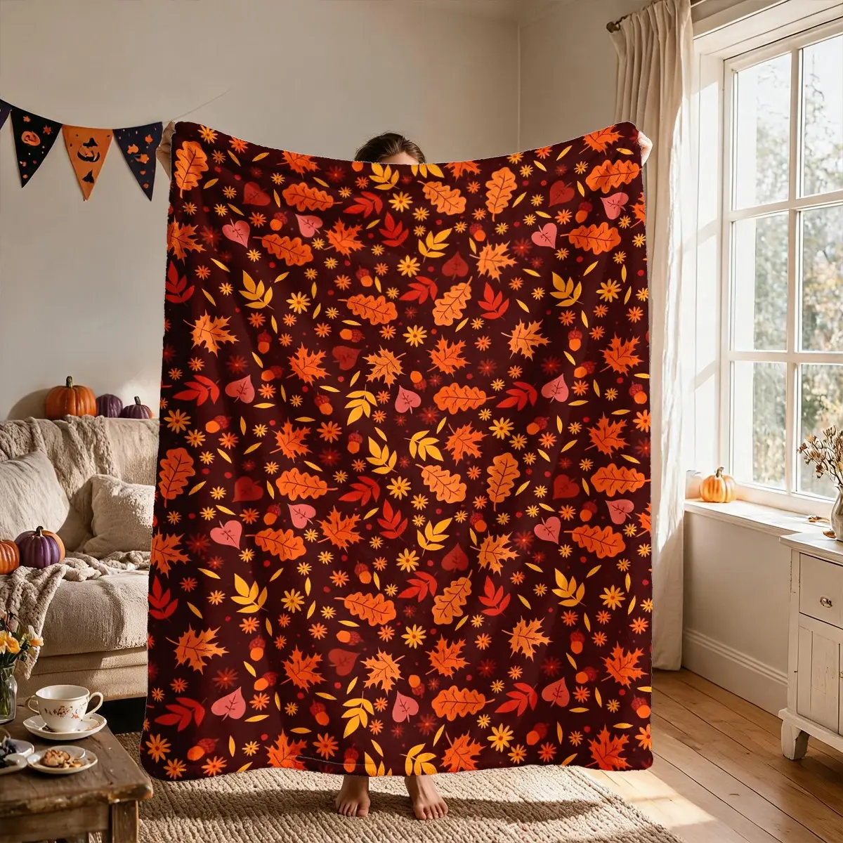 Autumn Maple Leaf Print Flannel Blanket, Large Size, Soft and Lightweight, Ideal for All Seasons, Perfect for Bed, Sofa, Office, Camping, Travel