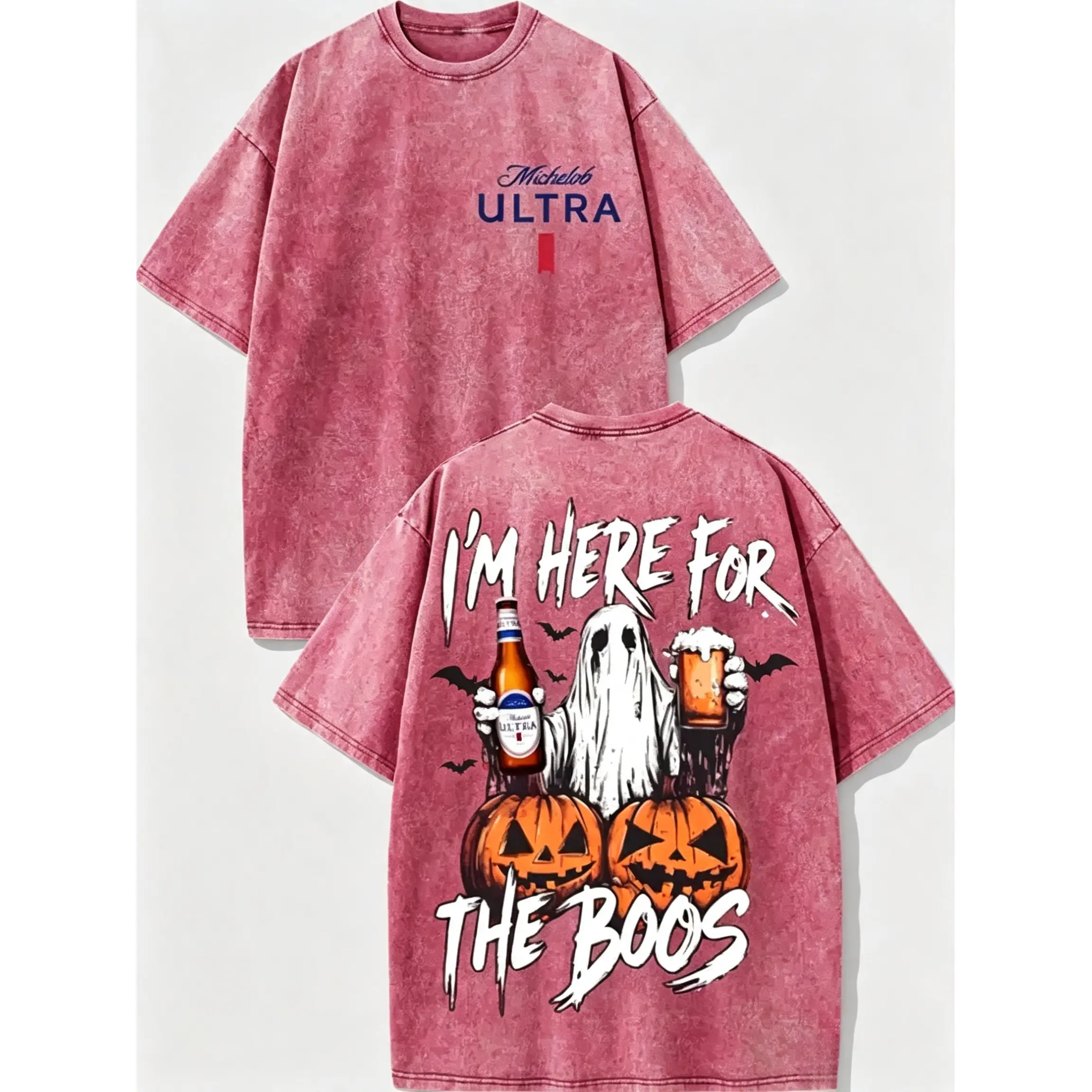 Vintage Washed Michelob Ultra Ghost "I'm Here For The Boos" Double-Sided Graphic Tee |   230gsm Heavyweight Streetwear, Unisex Loose Crew Neck Cotton Halloween Casual Top for Men & Women