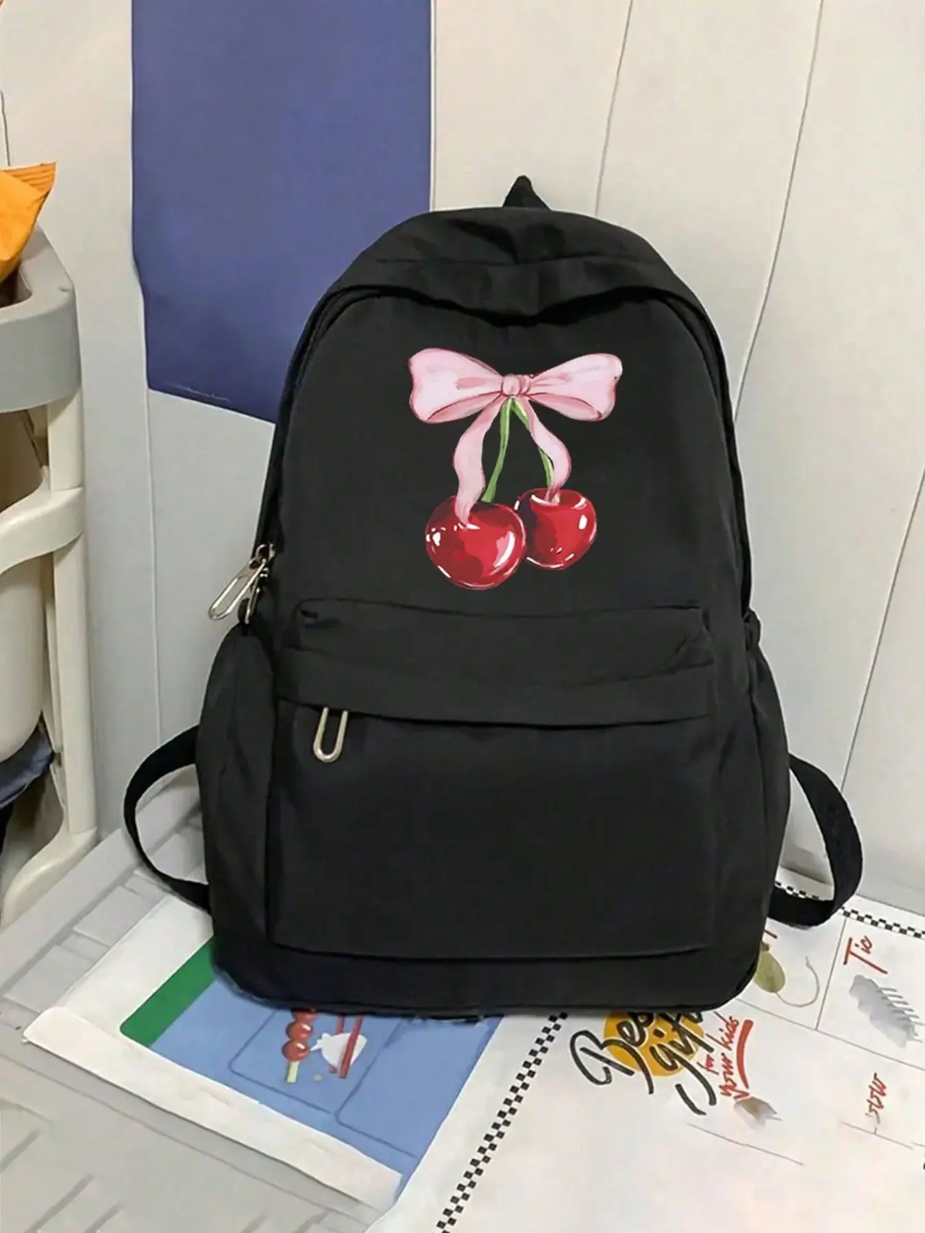 Cartoon Bow Cherry Print Backpack, Large Capacity Laptop Bag, Classic Casual Daily Use Backpack, Lightweight University Bookbag
