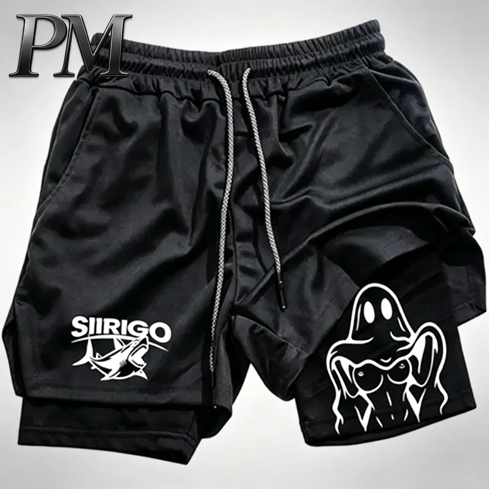Men’s Naughty Ghost Graphic 2-in-1 Running Shorts Quick-Dry Bilayer Compression Gym Athletic Training Shorts Y2K Parody Streetwear Summer Activewear Moisture Wicking Breathable Basketball Jogging Beach Outdoor Fitness Holiday Gift for Men Women