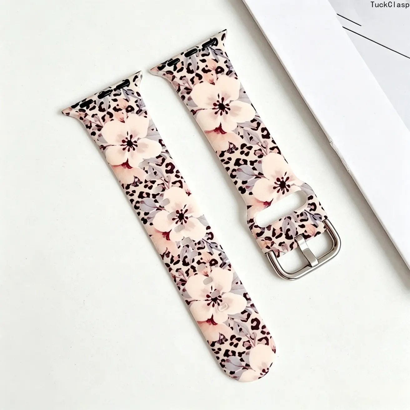 Leopard Floral Sunflower Print Silicone Watch Band Compatible With Apple Watch Series11 10 9 8 7 6 SE Soft Waterproof Sport Replacement Strap Metal Buckle iWatch Wristband For Women
