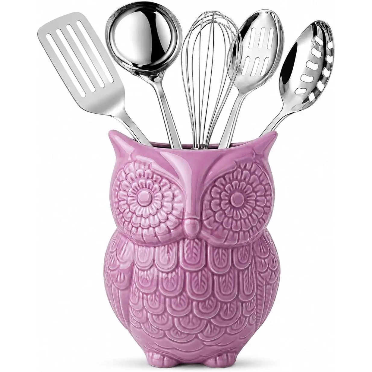 Owl Utensil Holder – Decorative Ceramic Kitchen Crock |  owl ceramic crock; 5"W x 6.75"H x 4"D; holds 10+ utensils; DISHWASHER USE; non-skid base;  kitchen decor