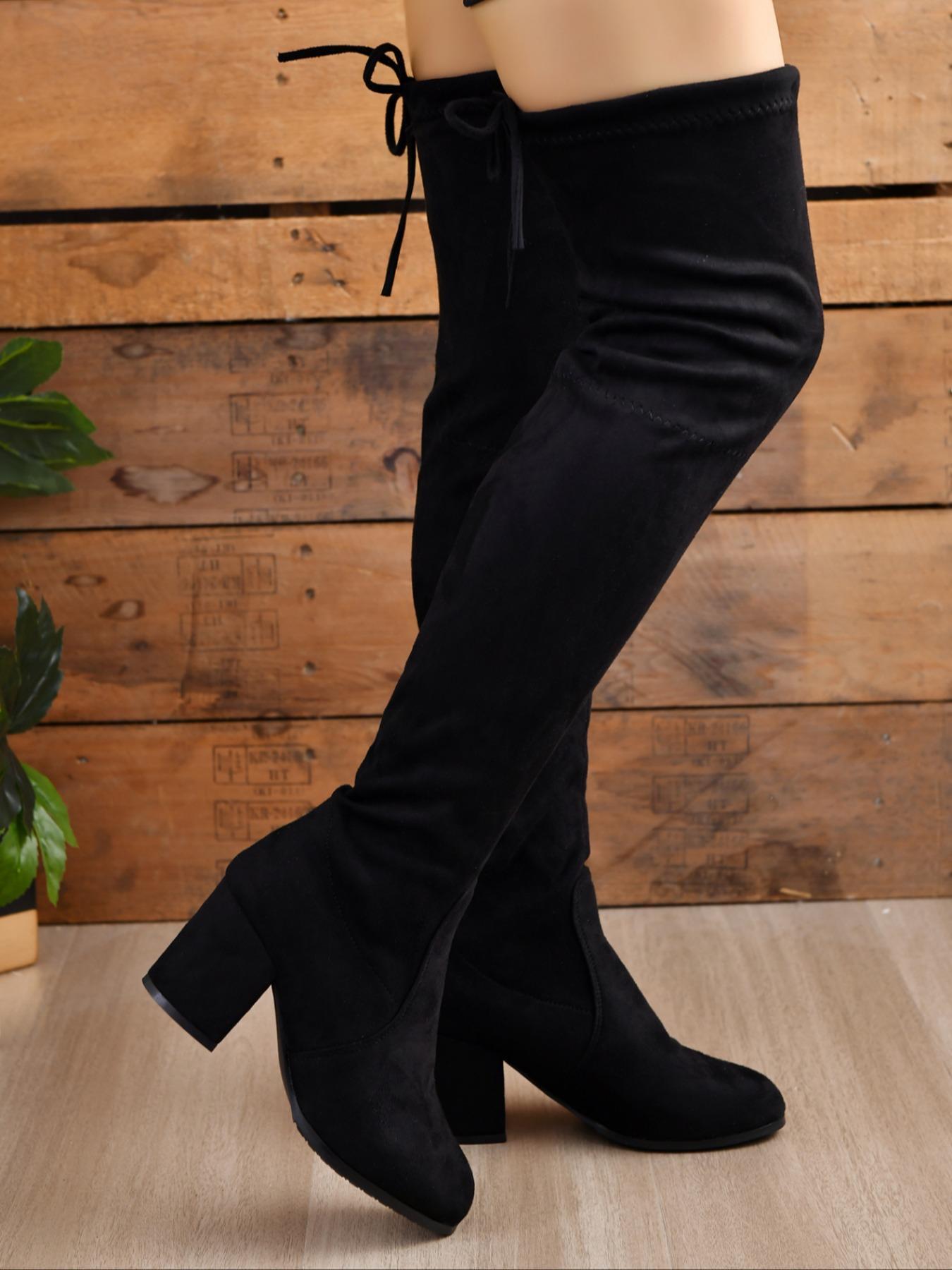 Elegant Solid Color Mid-Heel Over-the-Knee Boots, Fashionable Warm and Comfortable Boots for Fall & Winter, Trendy All-Match Thick-Heeled Boots for Daily Wear, Footwear