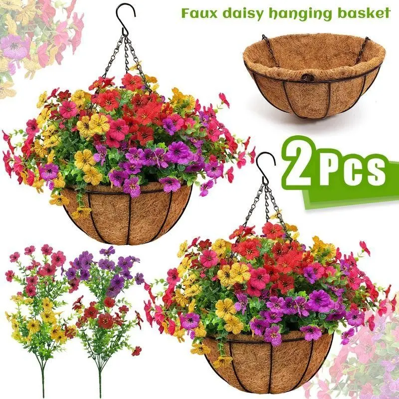 New 2pcs Artificial Hanging Flowers Baskets with 24 Realistic Daisies & Eucalyptus - UV-Resistant Decorative Outdoor/Indoor Decor for Porch, Patio, Balcony, Yard - Includes Hanging Baskets & Greenery