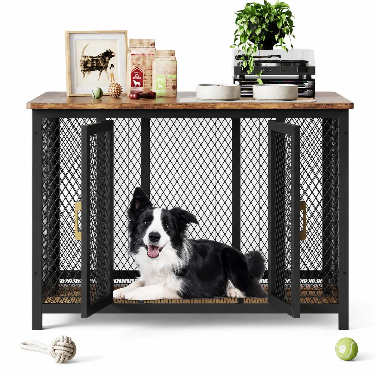 47-Inch Heavy Duty Dog Crate Furniture for Medium to Large Dogs, Steel Mesh Indoor Kennel with Top-Opening Lid, Gas Struts, Locking Double Doors, 220 lb Tabletop and Rustic Wood-Look Top, Decorative End Table Crate for Living Room, Bedroom or Office