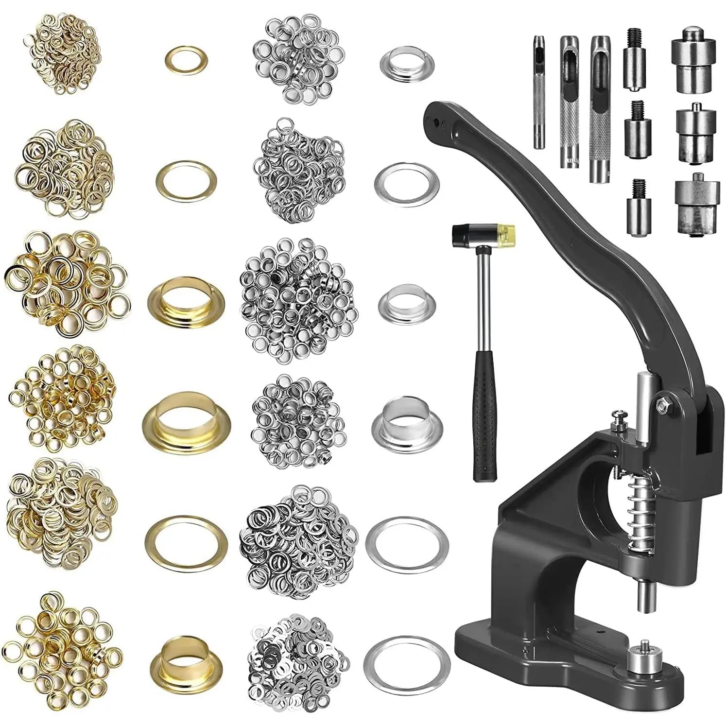 Grommet Press Machine Kit, Heavy Duty Hand Press Tool with 3 Dies (6mm/10mm/12mm), 3000 count  &  Eyelets & Rubber Hammer for Fabric Leather Canvas Tarps, Black