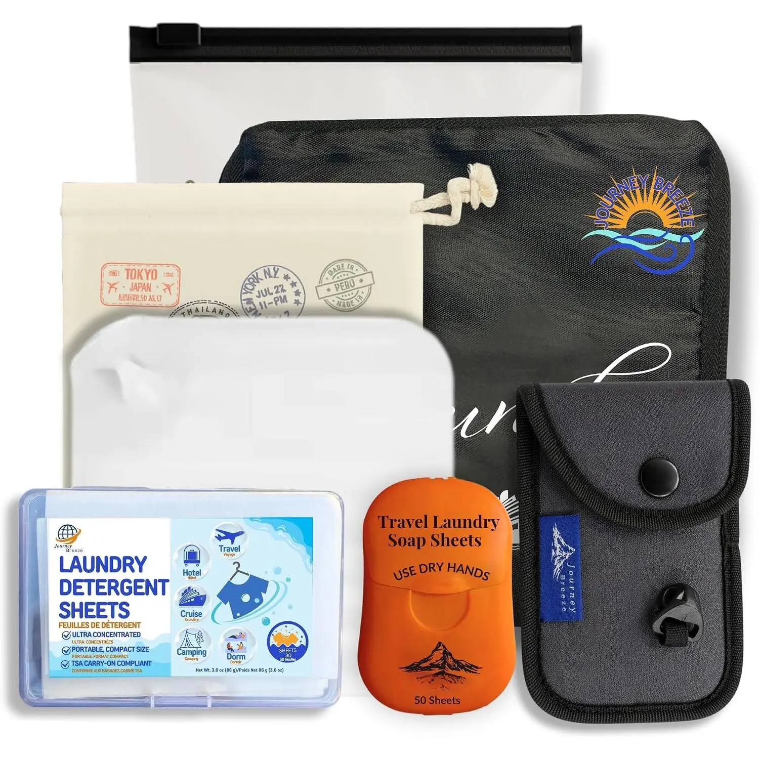 Travel Laundry Detergent Sheets Kit – 2-Size Travel Detergent Sheets + Lightweight Clothesline,  Sink Stopper & Foldable Laundry Bag  for Hotels, Cruises, Camping & Trips