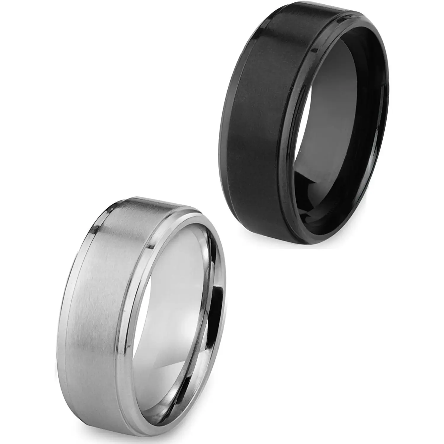 2Pcs 8MM Matte Stainless Steel Vintage Bands - For Men, Rings for Women, Wedding & Engagement (Black, Silver)