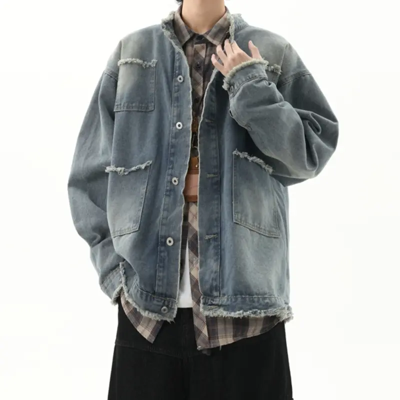 Men's Vintage Distressed Raw Edge Collarless Denim Jacket, Washed Frayed Deconstructed Multi-Pocket Workwear Coat, American Street Wasteland Style Oversize Drop Shoulder Loose Open Front Shirt Jacket for Retro Layered Outfits # sohochic