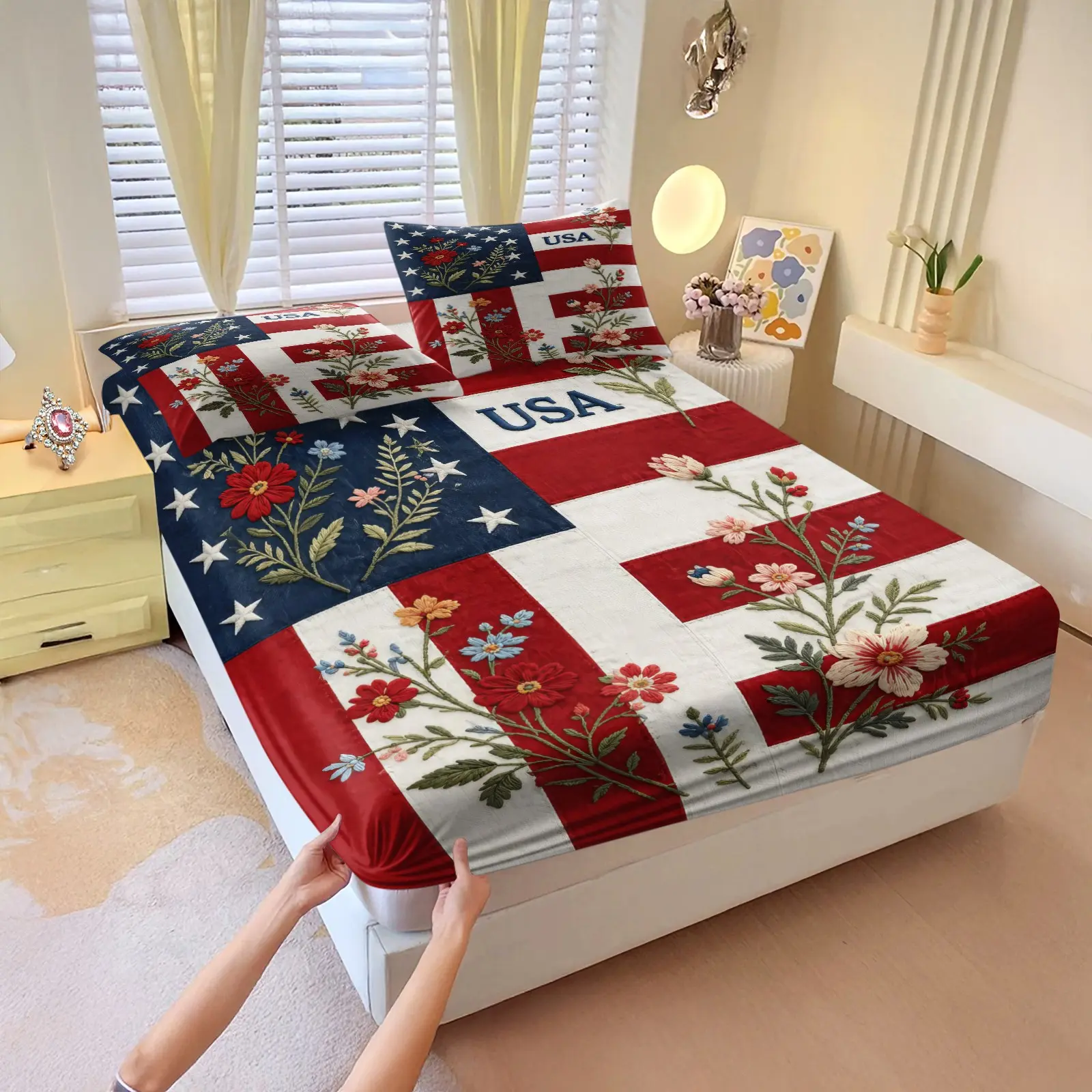 National Flag Floral Pattern Fitted Sheet Set, 3Pcs Colorful Bedding Set, All-Round Deep Pocket Fitted Sheet, Machine Washable, Patriotic Themed Bed Linens for Bedroom Decor. 2 Pillowcase, No Filling