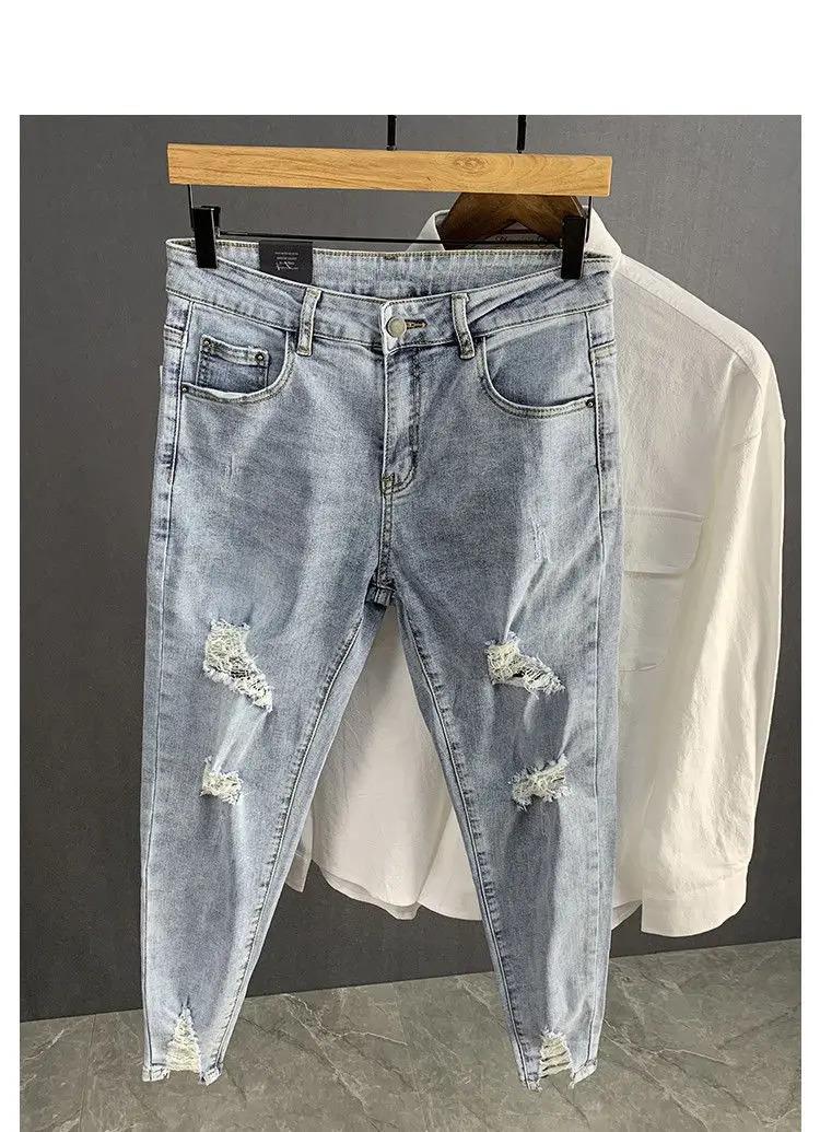 Men's Shaved Trendy Ripped Jeans Ruffian Handsome Summer Slim-fitting Pants Trendy Brand Man Clothes Designer Beggar Pants Men
