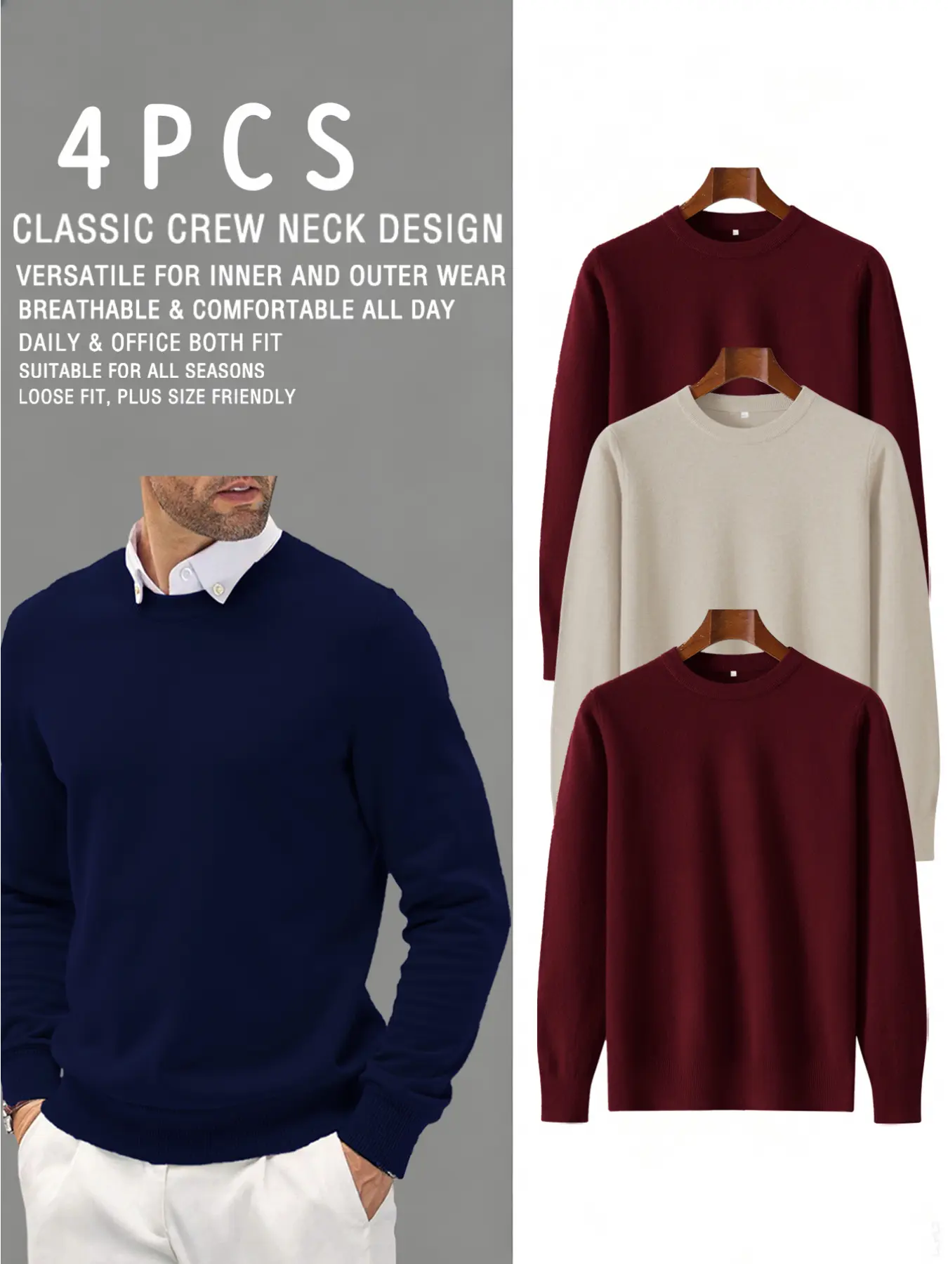 4-Pack Men's Autumn & Winter Comfortable Casual Classic Crew Neck Long Sleeves Knit Sweaters
