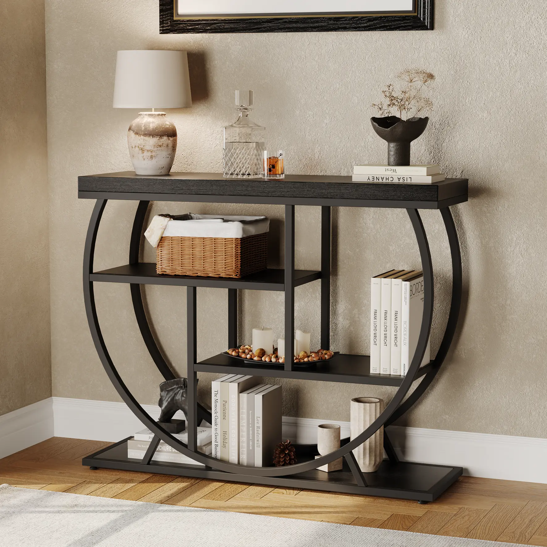 4-Tier Narrow Console Table with Circular Base, Metal Frame Storage Sofa Table, Space-Saving Accent Furniture for Entryway & Hallway