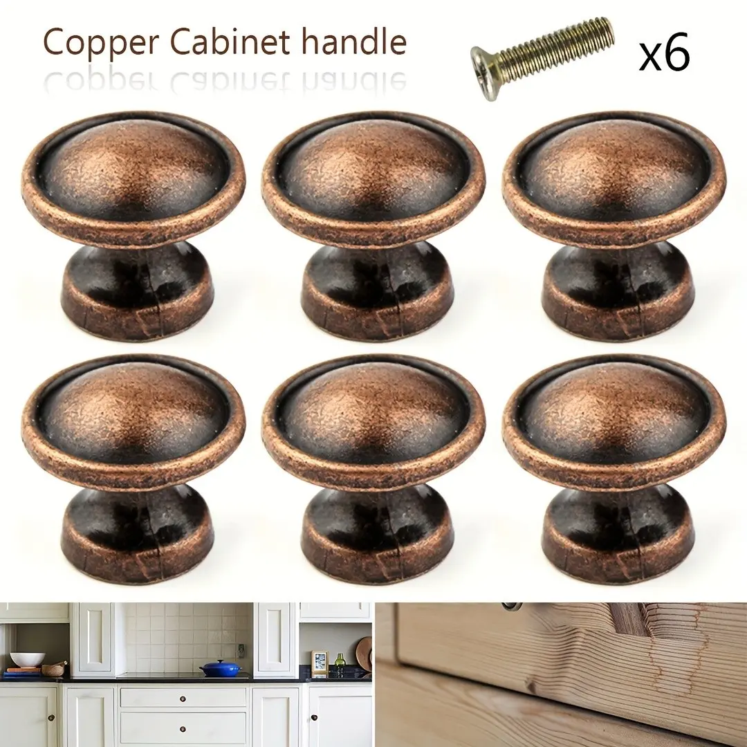 6Pcs Brushed Copper Door Knobs Handles For Kitchen Cabinet Drawer Door Furniture Antique Brass Pull Handle, Kitchen Cabinet Door Drawer Knob, Vintage Round Handle, Copper Finish, Retro Style Hardware