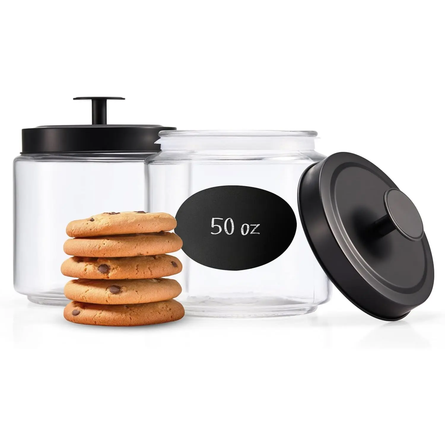 Glass Kitchen Canister Set,  & Storage Containers for Pantry, Bathroom  Jars, Tinplate tight , Counter Organizers, 50 oz, Black, Set of 2