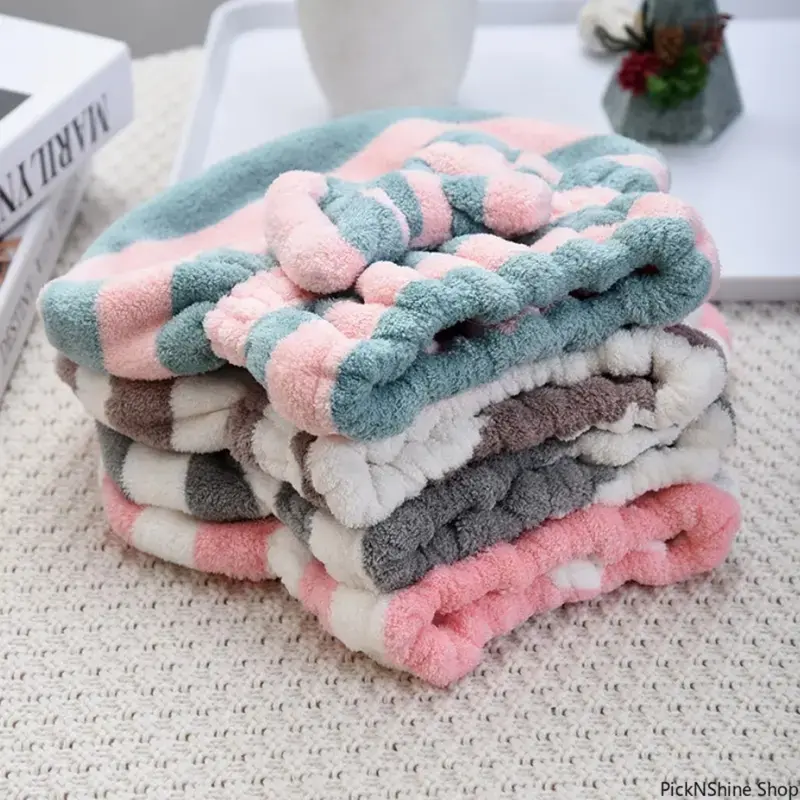 Female 4-Pcs Plain Coral Fleece Hair Towel Set - Quick Dry Microfiber Turban, Water Absorbent Bath Bonnet