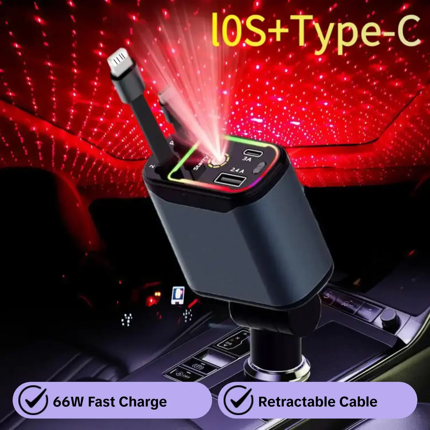 Starlight Charger, 4-In-1 Fast Charging Car Charger with Retractable Cable, Compatible with iPhone & Android, 66w Quick Charge, Super Fast Charging, High Speed Charger