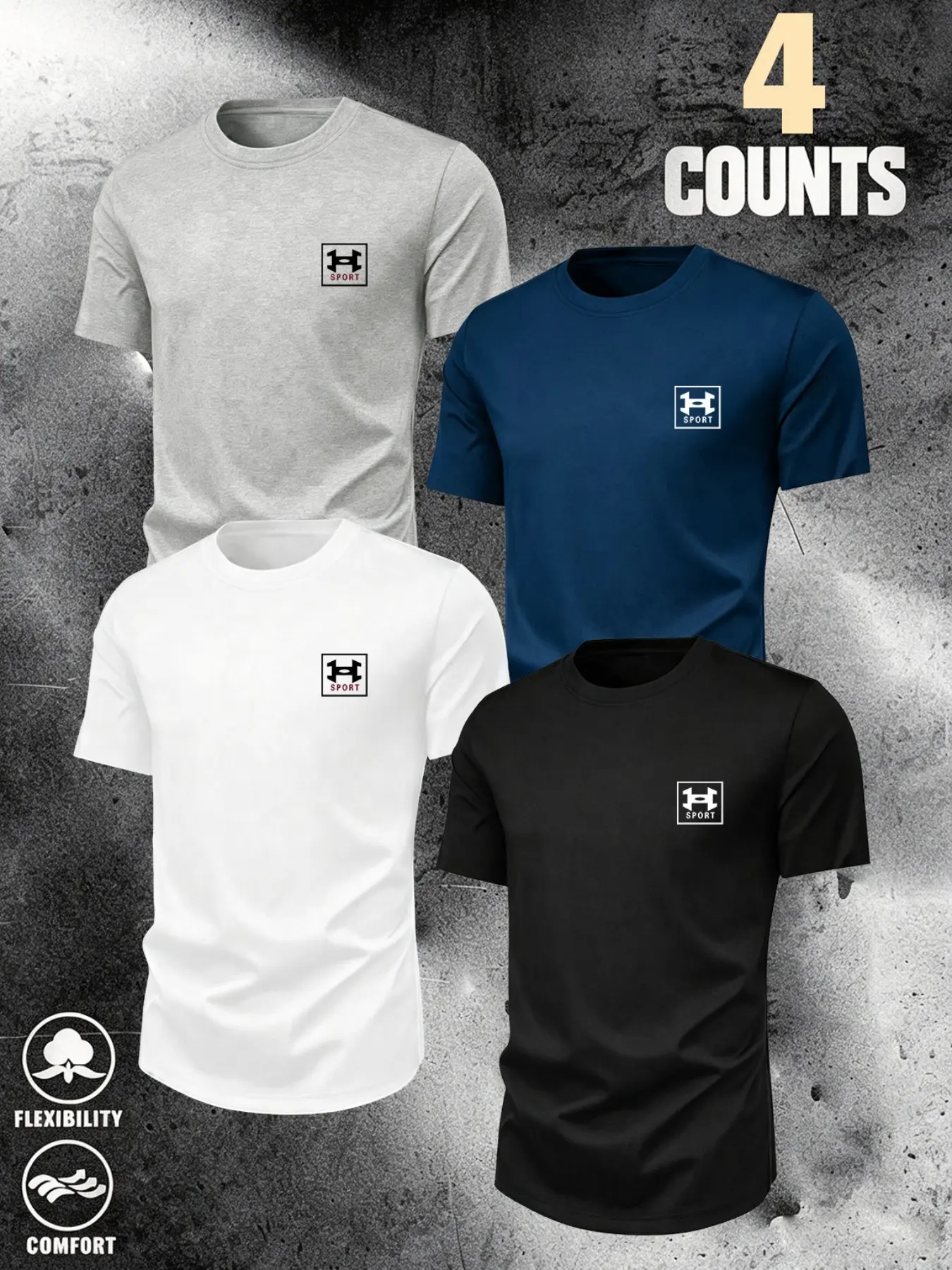 4-Pack Men's Sporty Cotton T-Shirts, Breathable Moisture-Wicking Design, Multiple Colors Available, Original Bull Pattern, Casual Style