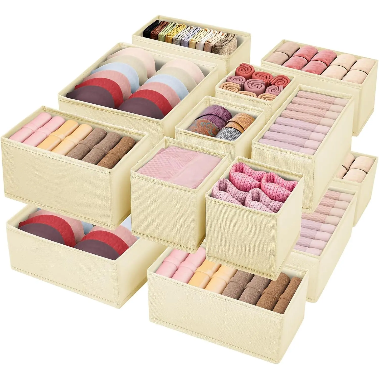 Drawer Clothing Organizer 16-Pack, Beige 3-Size Underwear Drawer Dividers, Fabric Folding Wardrobe Organizer  Baby Clothes, Bras, Underwear, Panties, Belts, Socks, Ties, etc.