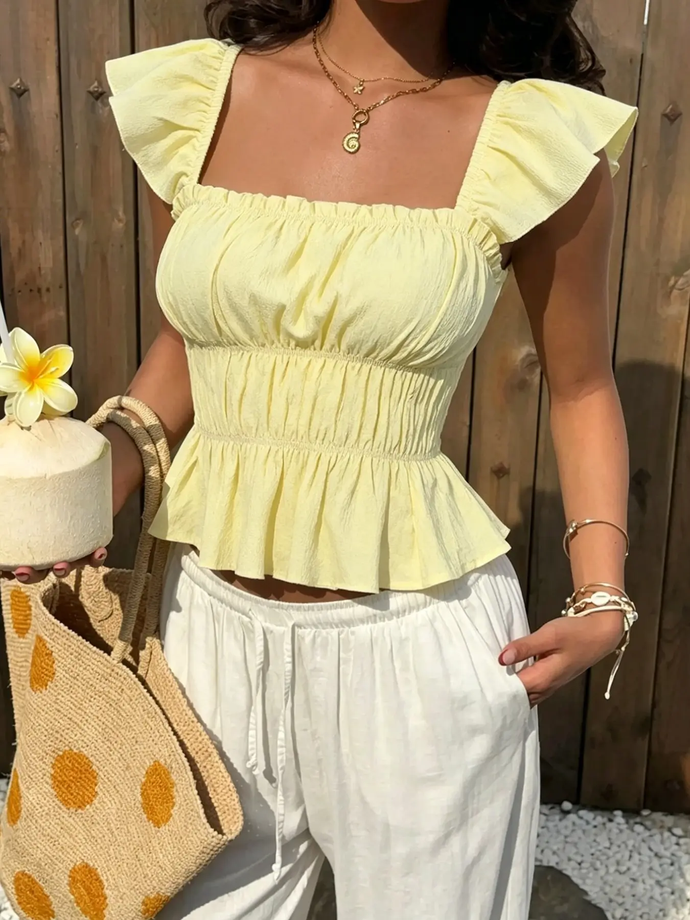 French Style Square Neck Ruffled Sleeve Top, Holiday Short Sleeve Blouse, Perfect for Vacation, Music Festival, Casual Wear, Spring/summer
