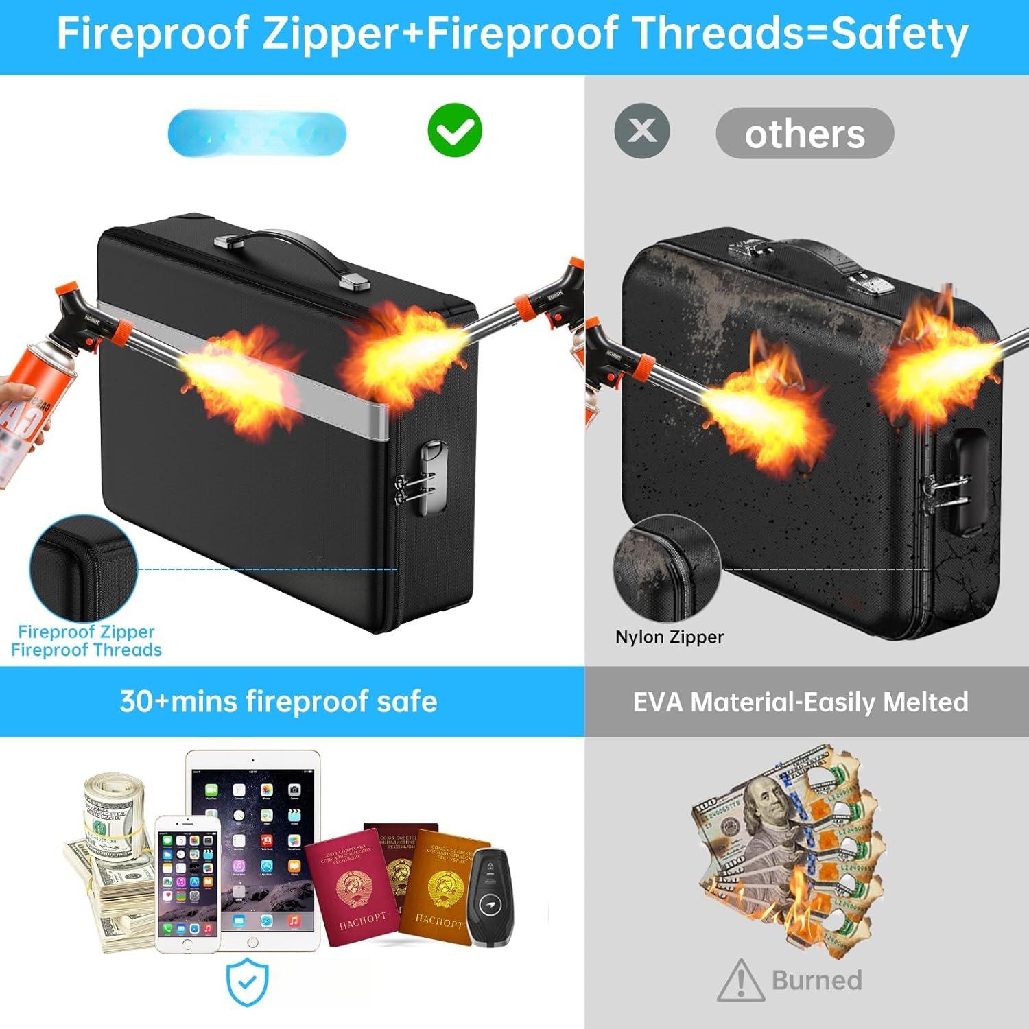 Fireproof Document Box with lock, File Organizer with Fireproof Zipper, Hard Shell Fireproof &  Storage box, Portable Safe for , Important Documents, Laptop, Black