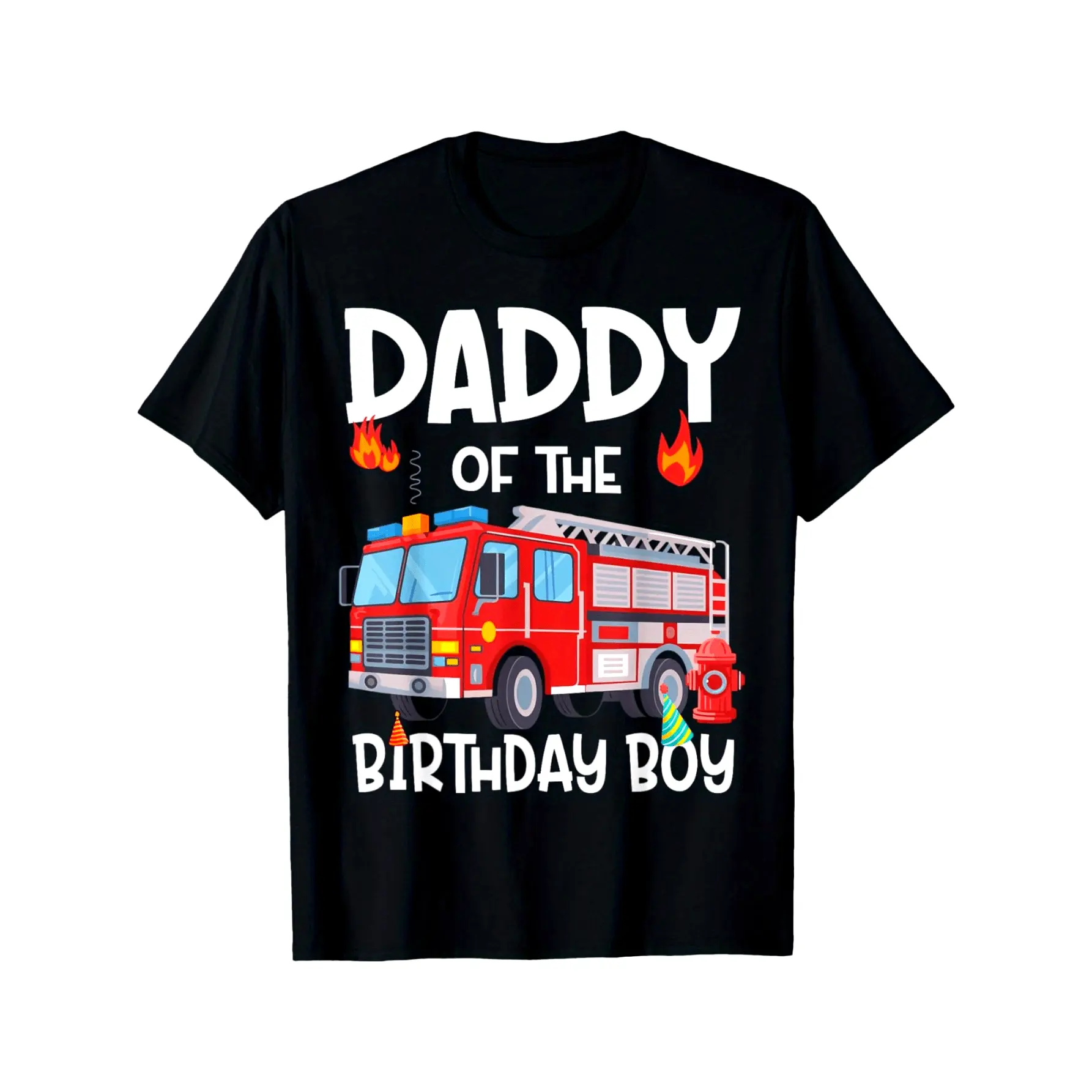 Daddy of the Birthday Boy Fire Truck Firefighter Dad Bday T-Shirt 180g, Birthday Gift, Celebration Outfit, Novelty Tshirt, Printed Shirt, Durable Shirt, Comfortable Fit, Short Sleeve Tee, Lightweight Top, Family Events, Fathers