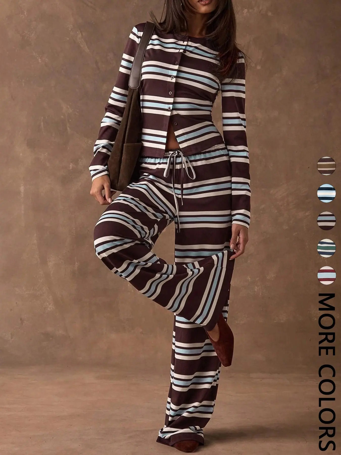Women's Striped Knit Two-Piece Set, Crew Neck Long Sleeve Button Front Crop Top, Elastic Waist Drawstring Wide Leg Pants, Daily Casual Loungewear Vacation Wear, Soft Stretchy Breathable