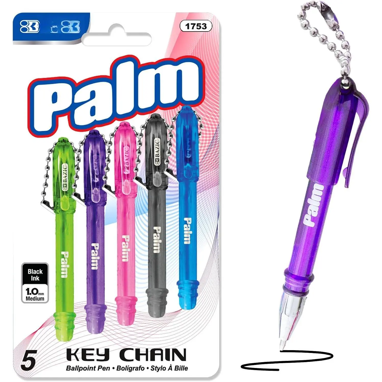 Palm Mini Ballpoint Pen w/Key Ring, Roller Pens Medium Point 1.0mm, Small Size - Black Ink (6/Pack), 1-Pack | 1.0 mm medium, key chain + pocket clip, Compact for bags, lanyards, travel