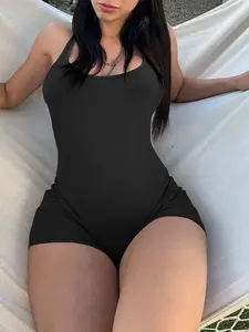 black romper women strappy back romper backless romper criss cross back romper bodycon romper ribbed knit romper sexy romper women sleeveless romper fitted short romper stretchy romper minimalist lounge romper summer outfit clubwear romper slim fit romper